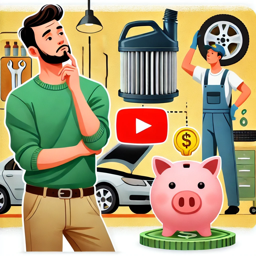 Image portrays a man thinking about how to save money on an oil filter change, with a mechanic in the background and a piggy bank symbolizing savings.