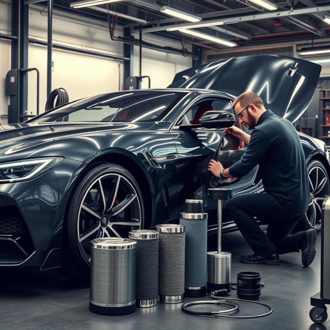 A sleek luxury vehicle in a high-end garage, with a technician in professional attire meticulously performing an oil change, surrounded by premium tools and equipment, showcasing a variety of cross reference filters