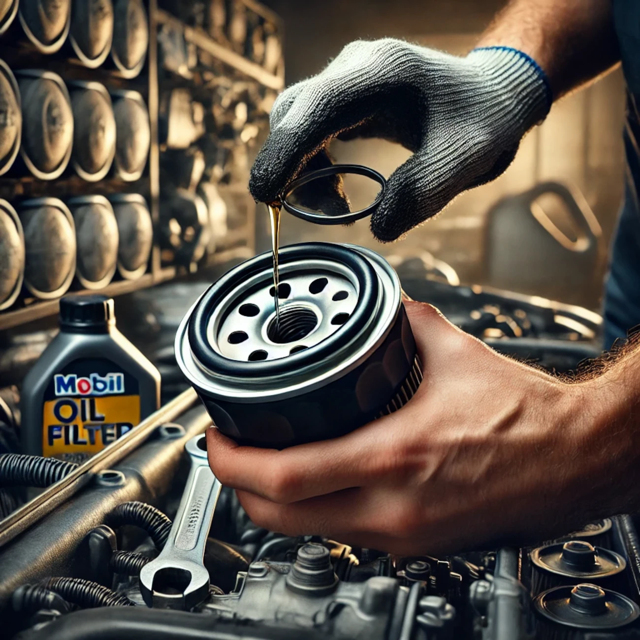 image for your article, depicting an oil filter being replaced in a car engine at a mechanic's workshop, with various tools and oil filter brands in the background.