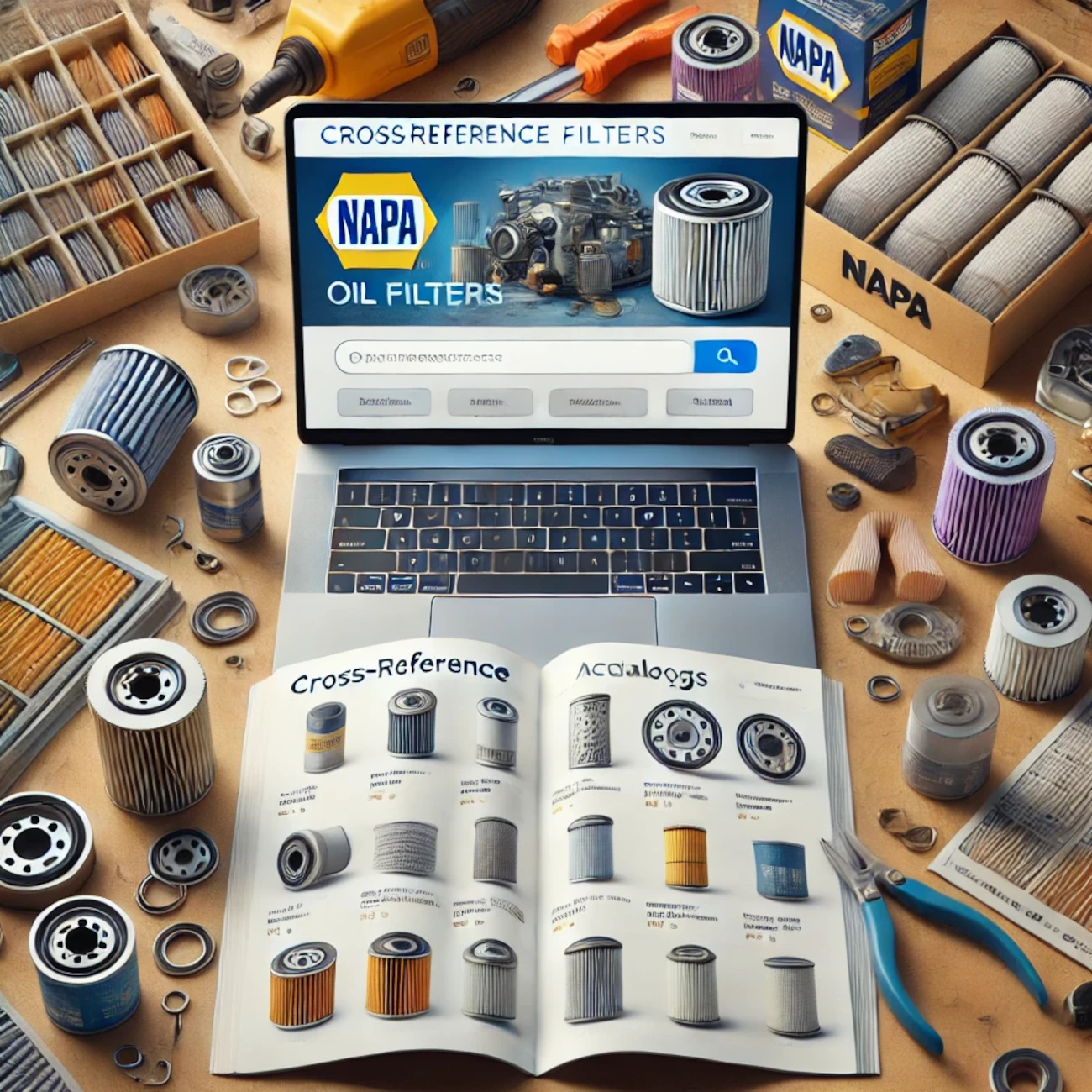 Showcases with a focus on NAPA oil filters, including catalogs and applications. The image emphasizes the site's utility for saving money and finding reliable filter options across brands like Baldwin, Donaldson, Bosch, and more.